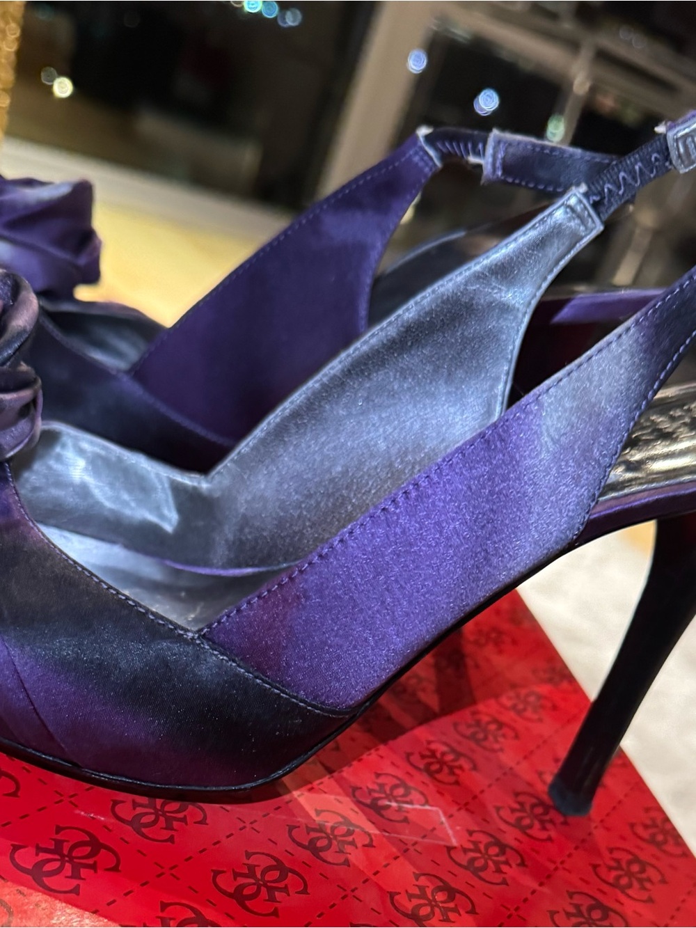 Guess Purple Satin Slingback Heels with Rosette Accent